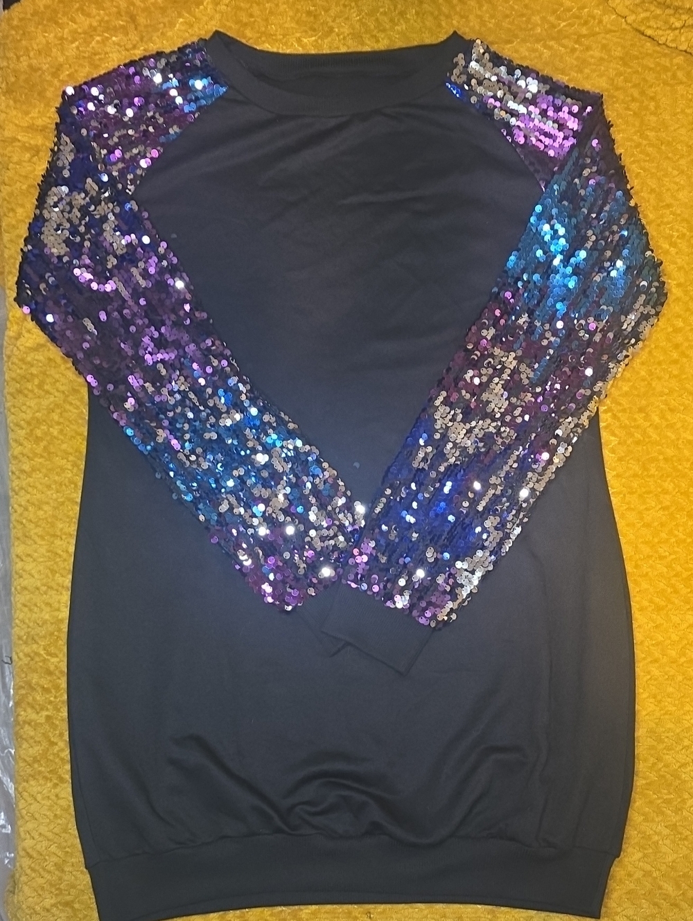 Womens Mini Black Dress with Multicolor Sequin Raglan Sleeves
